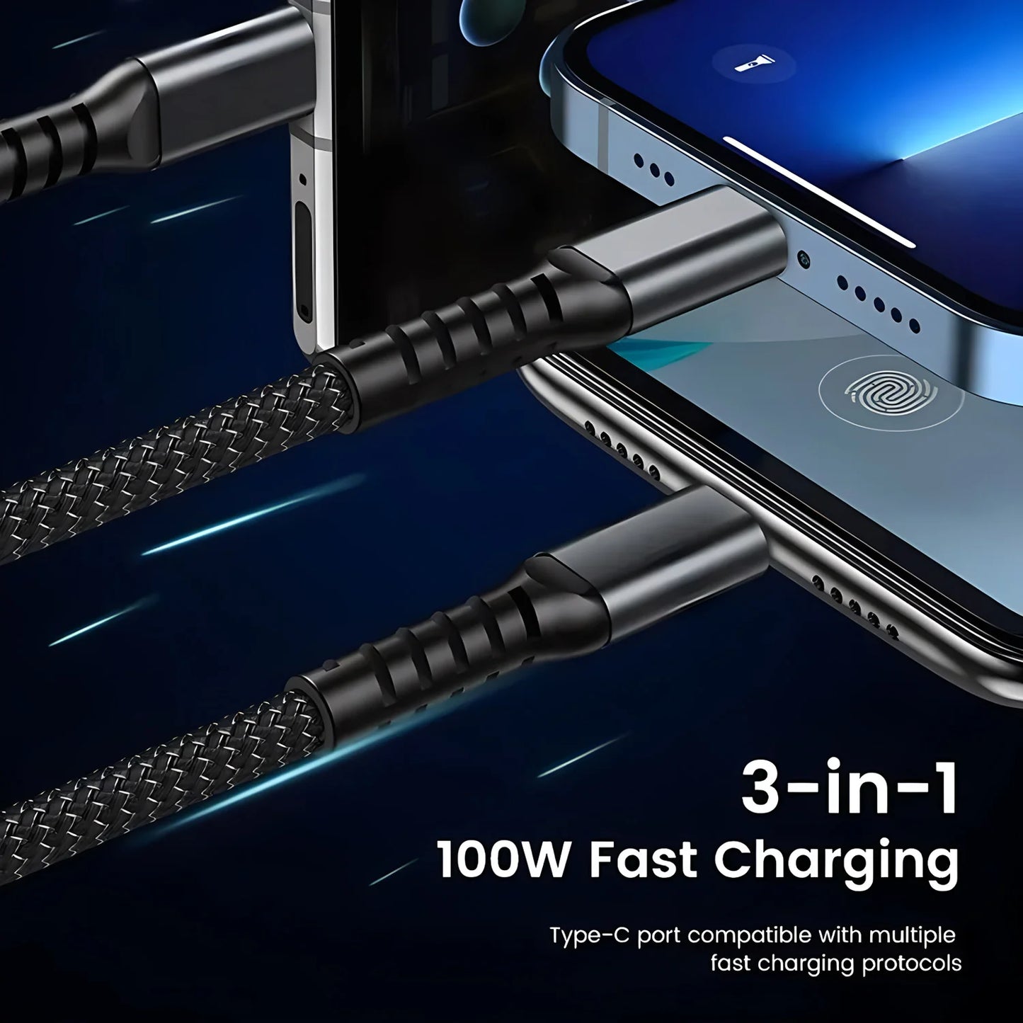 100W Fast Charging 3-in-1 Nylon Braided Multi USB Cable - Universal Type-C, Micro USB & Lightning