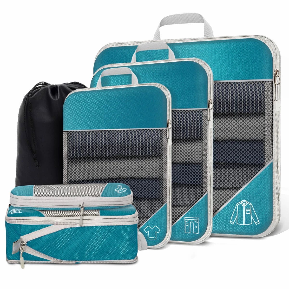 Set of blue packing cubes with white accents on a white background