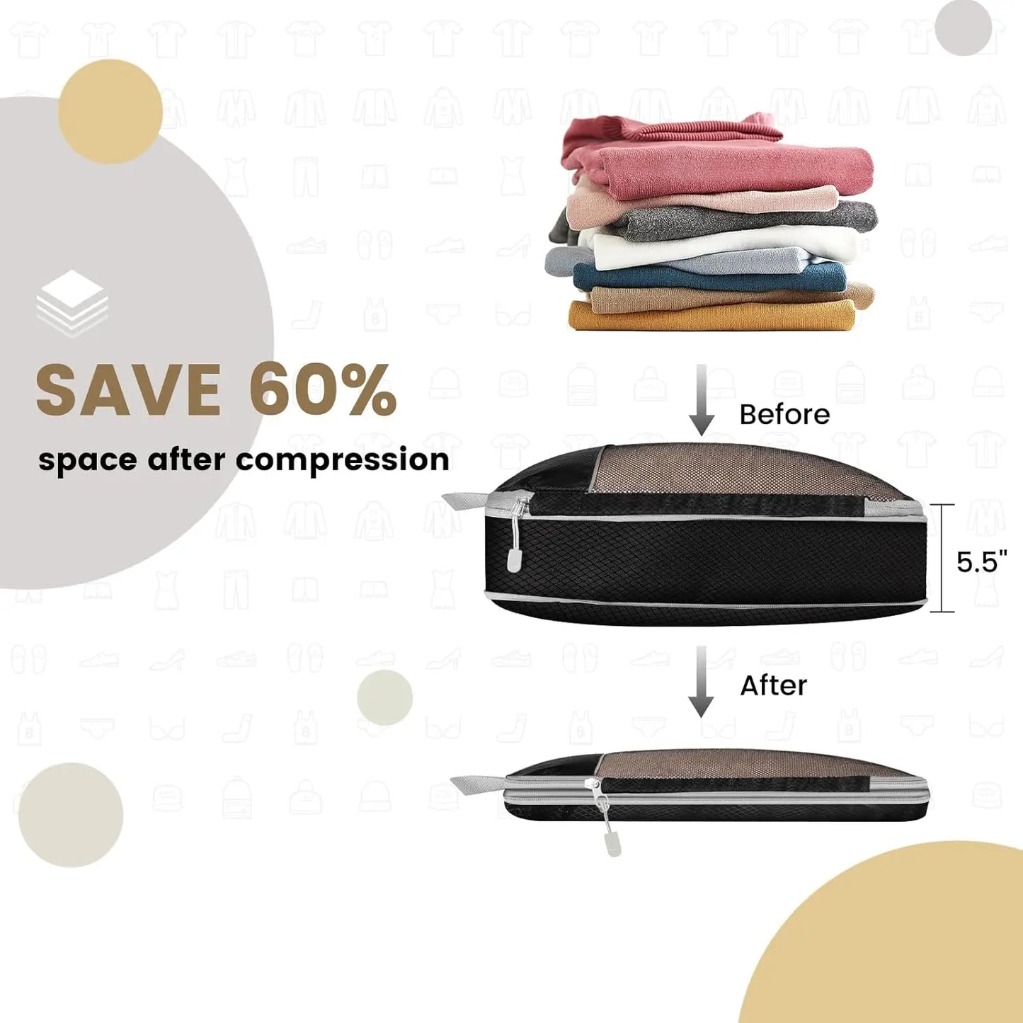 Compression bag with folded clothes, showing space saving before and after compression.
