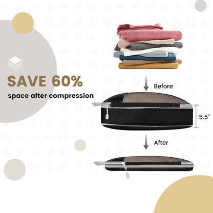 Compression bag with folded clothes, showing space saving before and after compression.