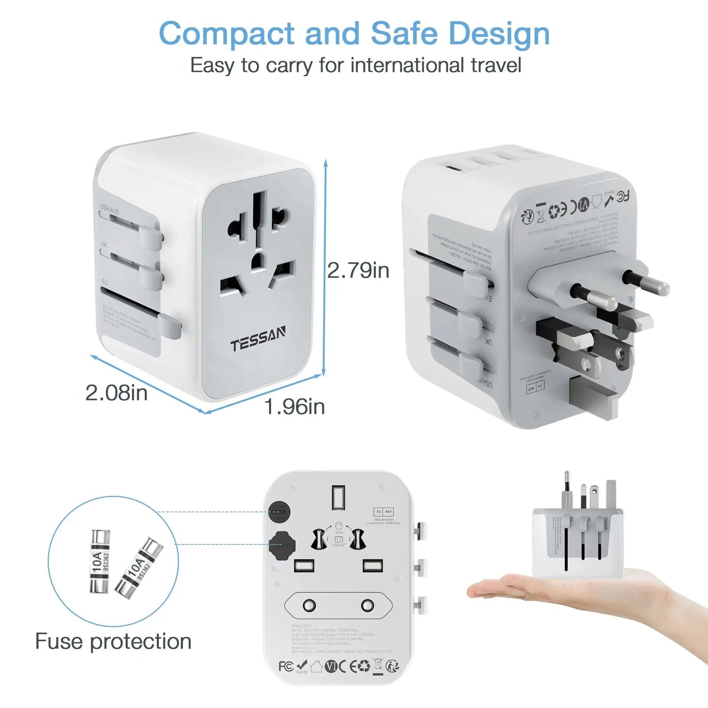 TESSAN Universal Travel Adapter with USB & Type C - All-in-One Worldwide Charger