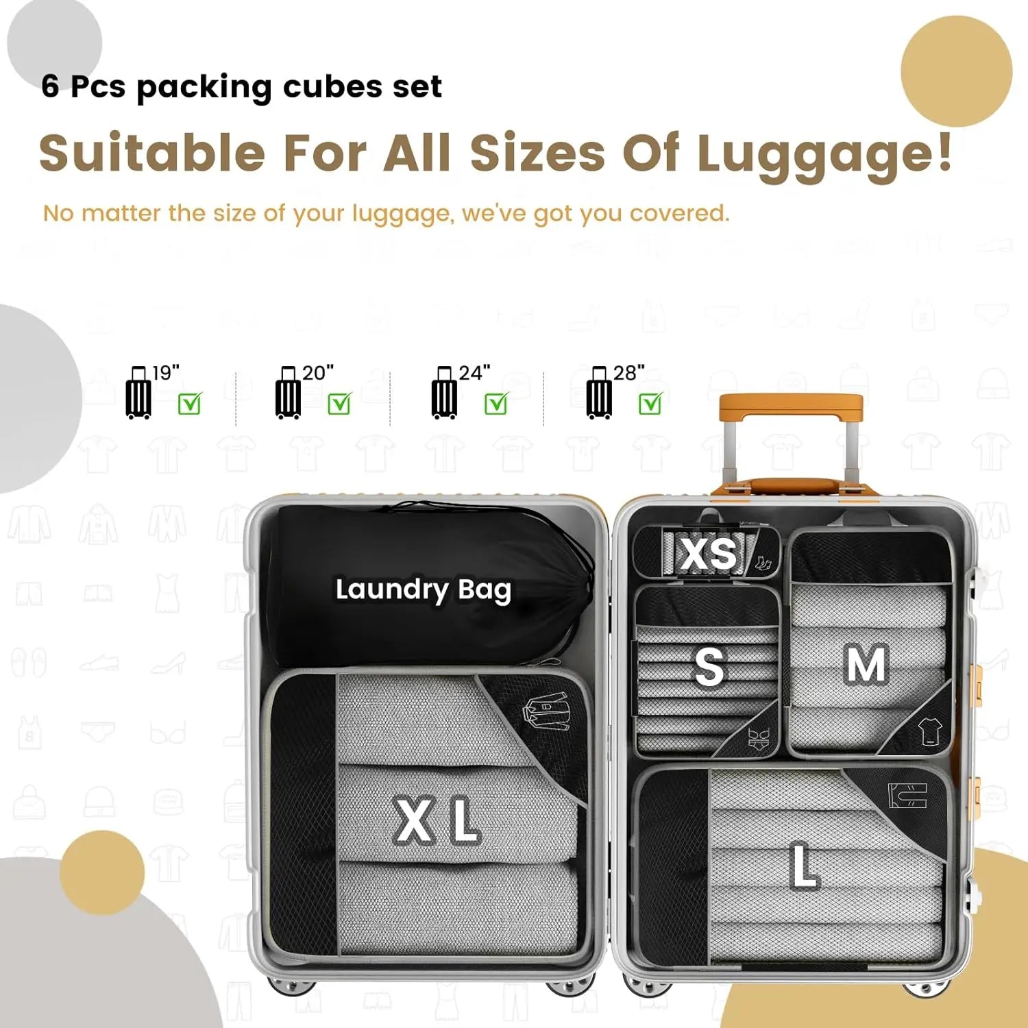 Packing cubes set with a laundry bag labeled 'XS', 'S', 'M', 'L' inside a suitcase, suitable for all sizes of luggage.