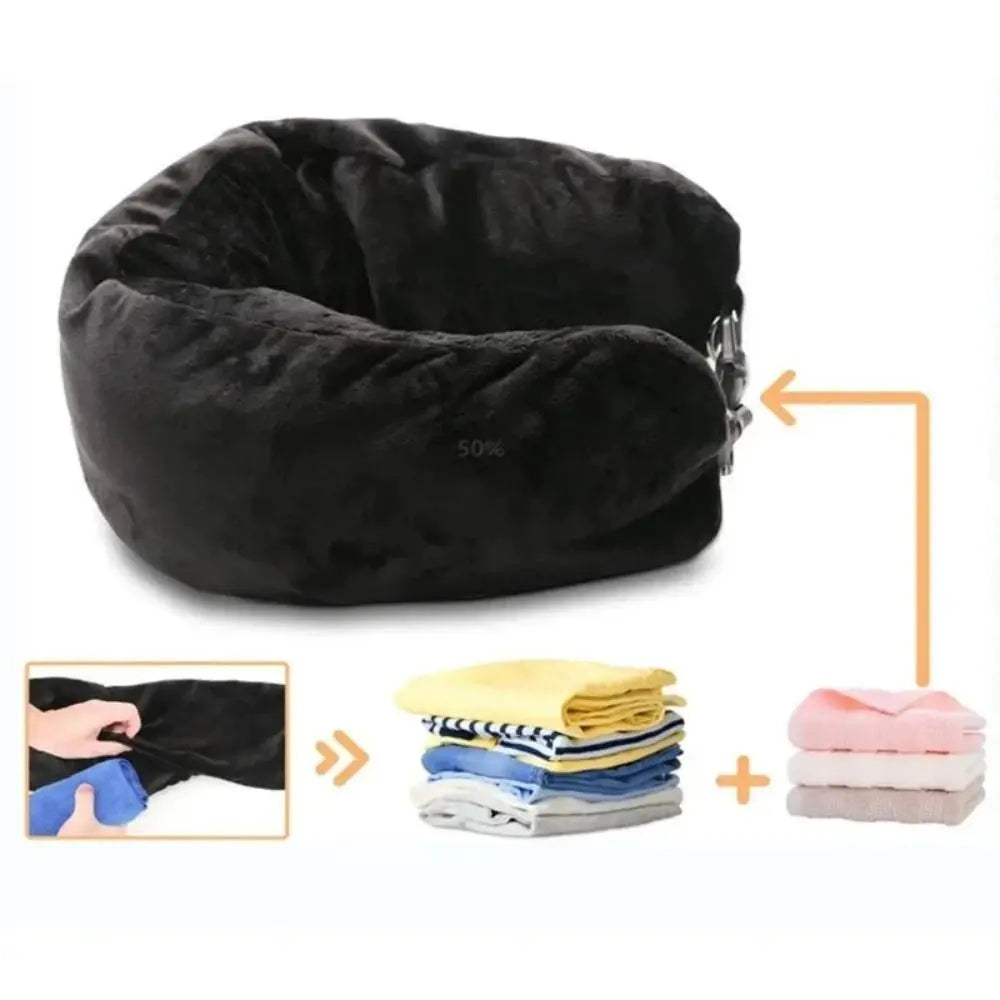Black travel pillow with additional fabric swatches on a white background