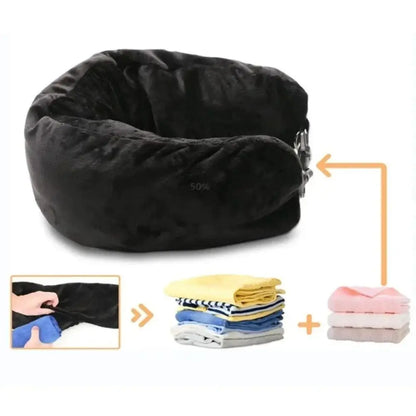 Black travel pillow with additional fabric swatches on a white background