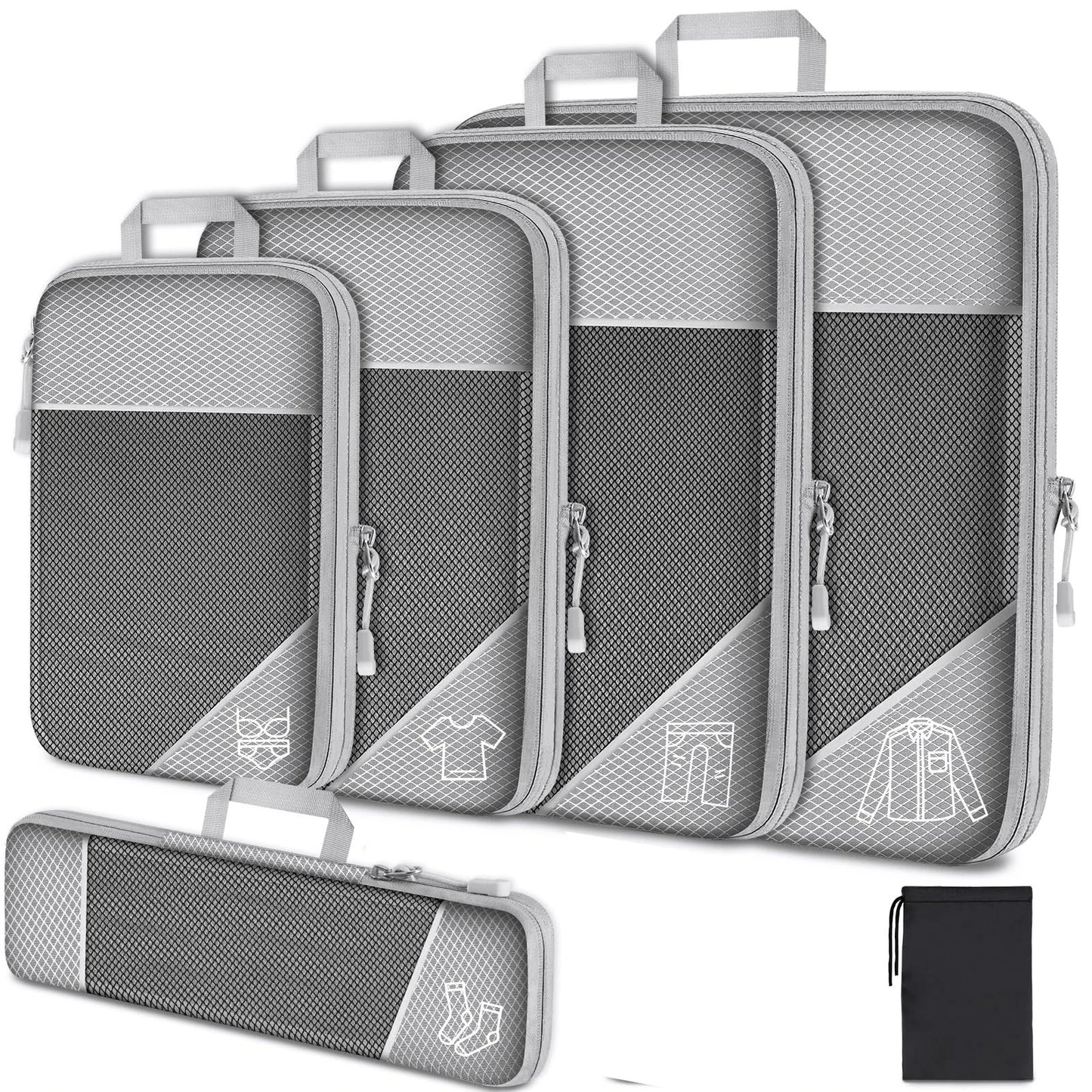Set of gray packing cubes with zippers on a white background