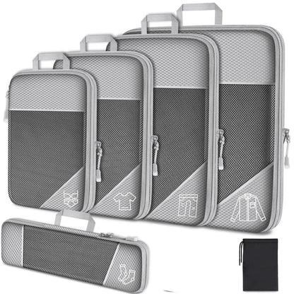 Set of gray packing cubes with zippers on a white background