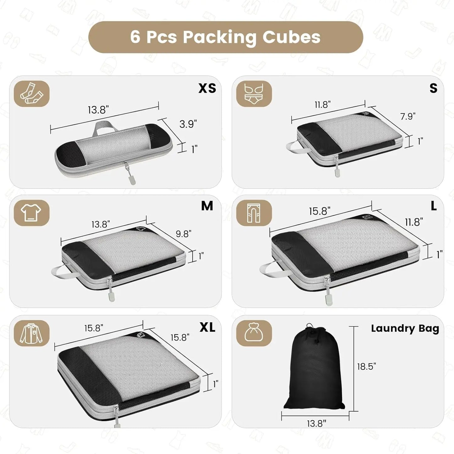 Set of six packing cubes with dimensions and types of items they can hold.