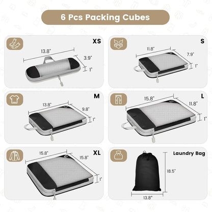 Set of six packing cubes with dimensions and types of items they can hold.
