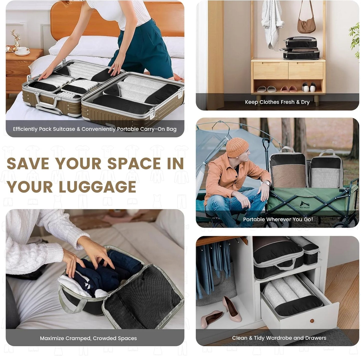 Collage of a suitcase organizer being used in various settings with text highlighting its features.