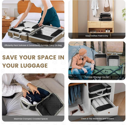 Collage of a suitcase organizer being used in various settings with text highlighting its features.