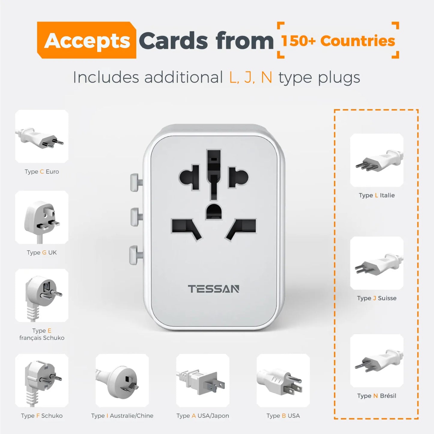 TESSAN Universal Travel Adapter with USB & Type C - All-in-One Worldwide Charger