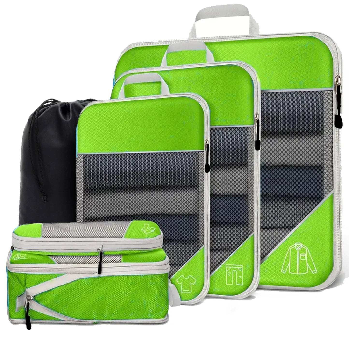 Set of green packing cubes with gray interior compartments on a white background