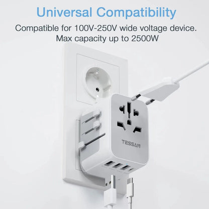 TESSAN Universal Travel Adapter with USB & Type C - All-in-One Worldwide Charger