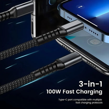 100W Fast Charging 3-in-1 Nylon Braided Multi USB Cable - Universal Type-C, Micro USB & Lightning