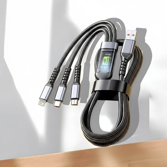 100W Fast Charging 3-in-1 Nylon Braided Multi USB Cable - Universal Type-C, Micro USB & Lightning