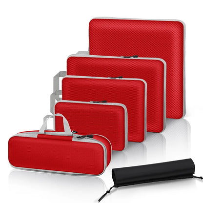 Set of red protective cases with varying sizes on a white background