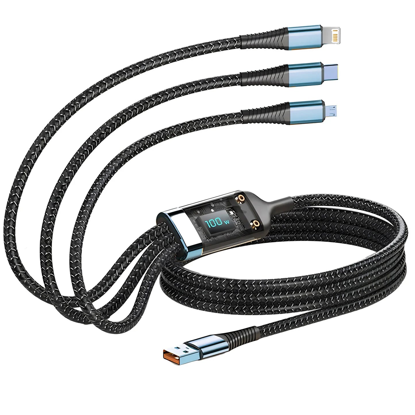 100W Fast Charging 3-in-1 Nylon Braided Multi USB Cable - Universal Type-C, Micro USB & Lightning